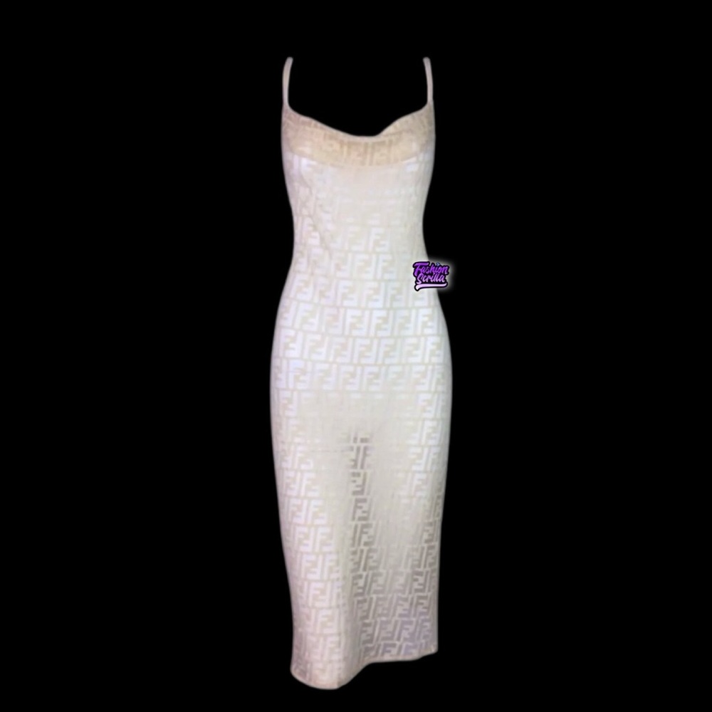 Vintage Fendi Monogram Logo FF Zucca Dress (nude) Sheer Nylon Lace - Picture 3 of 15